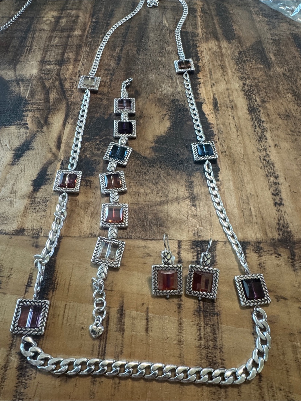 Brighton Silver-Tone Necklace, Bracelet & Earrings with Deep Red Stones